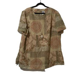 R & M Richards by Karen Kwong VTG size 22W tan print lined flawed necklace top